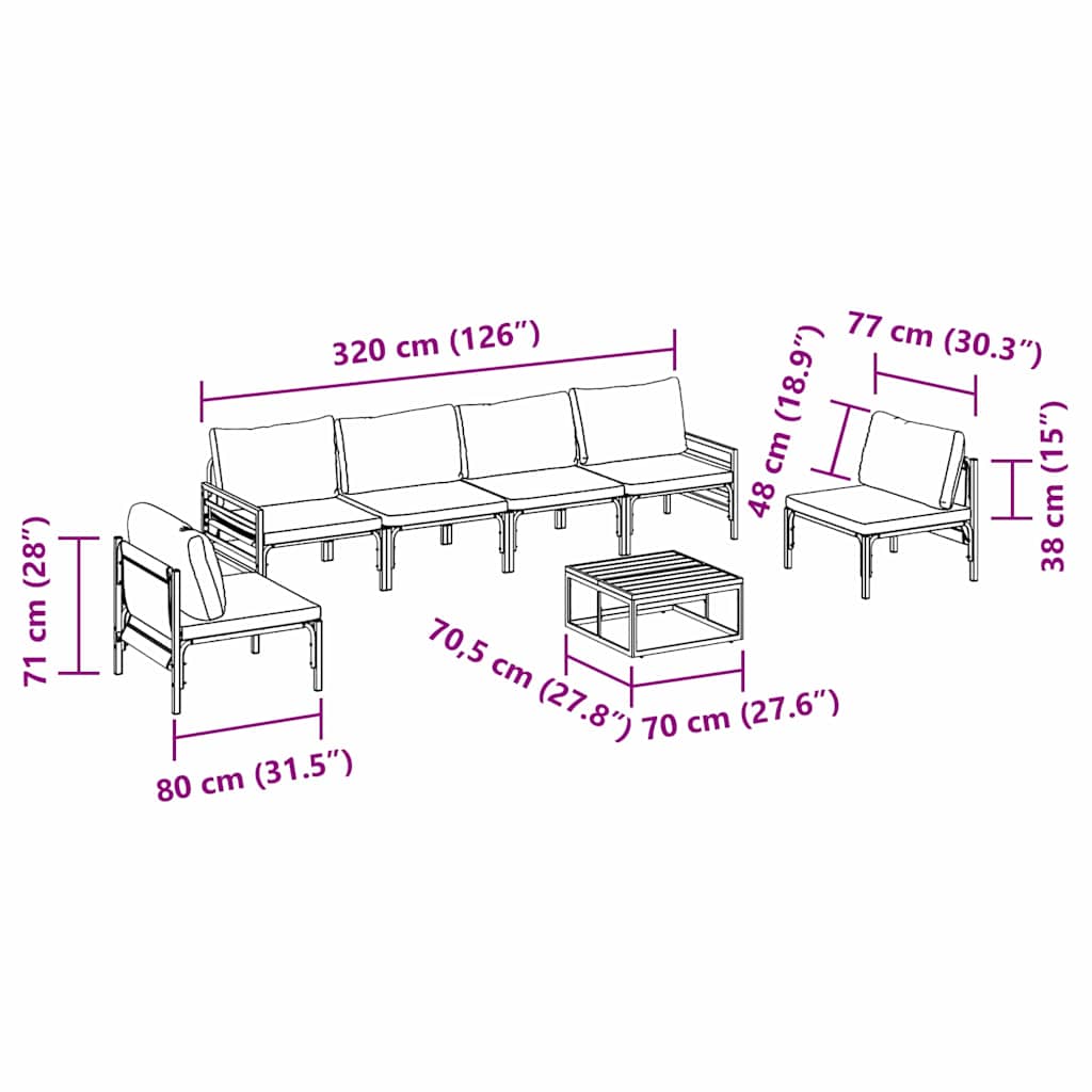 Conjunto de sofás de jardín con cojín 7 pcs Negro Acero
