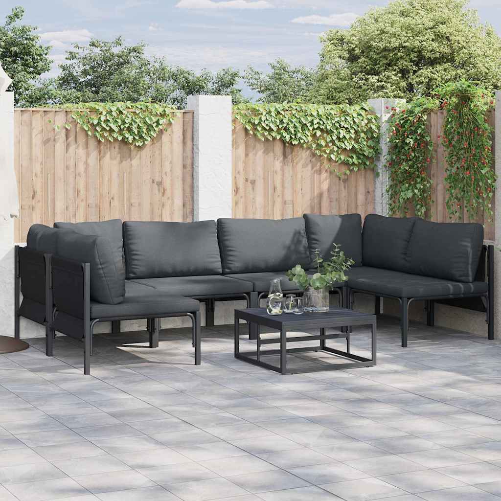 Conjunto de sofás de jardín con cojín 6 pcs Negro Acero