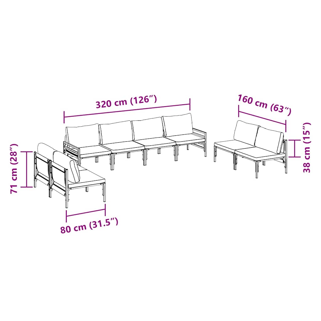 Conjunto de sofás de jardín con cojín 8 pcs Negro Acero