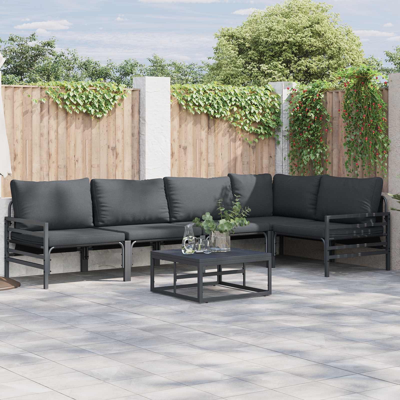 Conjunto de sofás de jardín con cojín 5 pcs Negro Acero