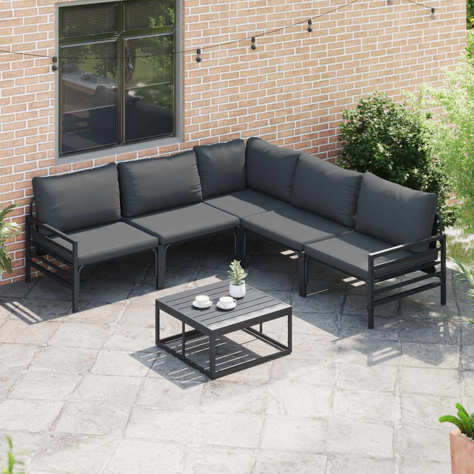 Conjunto de sofás de jardín con cojín 5 pcs Negro Acero