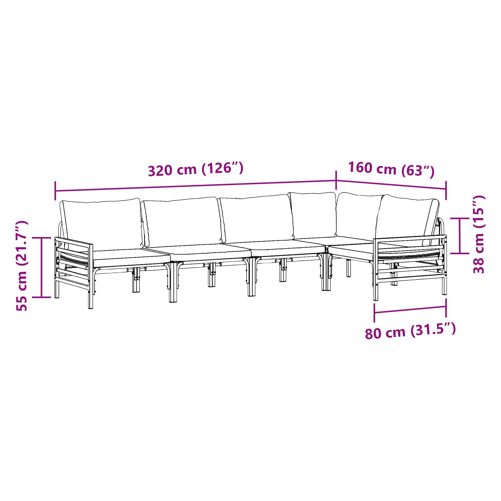 Conjunto de sofás de jardín con cojín 5 pcs Negro Acero