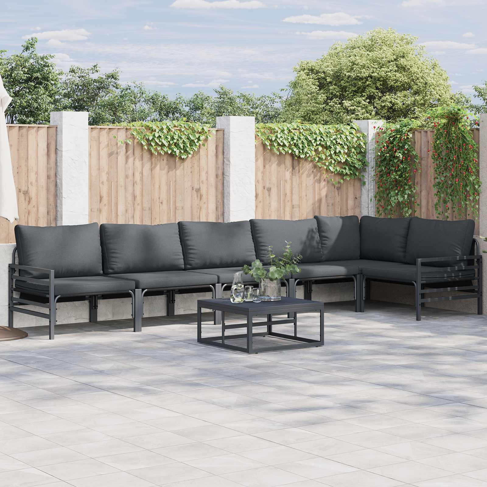 Conjunto de sofás de jardín con cojín 6 pcs Negro Acero