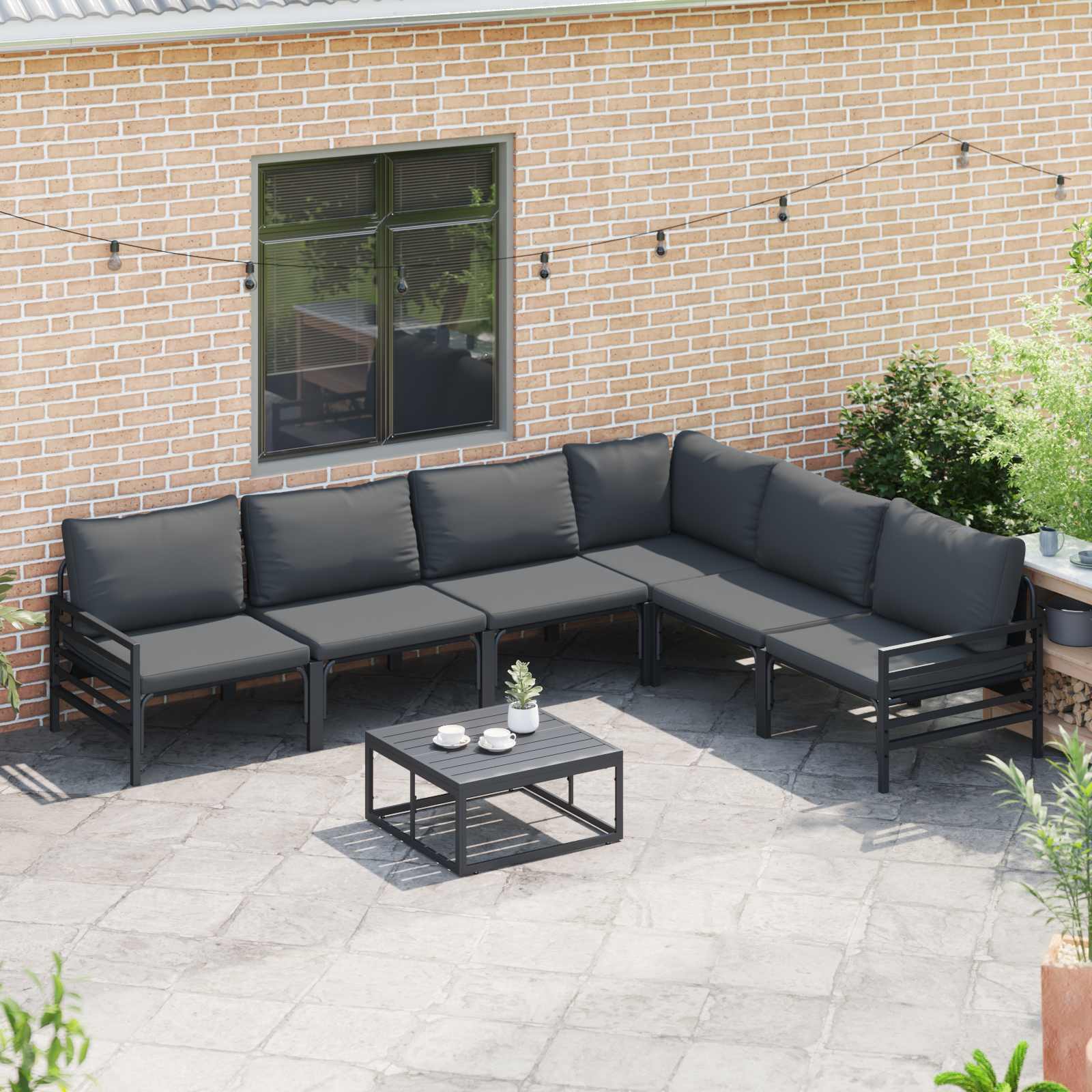 Conjunto de sofás de jardín con cojín 6 pcs Negro Acero
