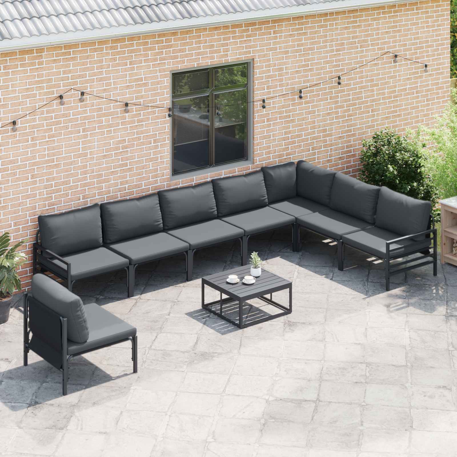 Conjunto de sofás de jardín con cojín 8 pcs Negro Acero