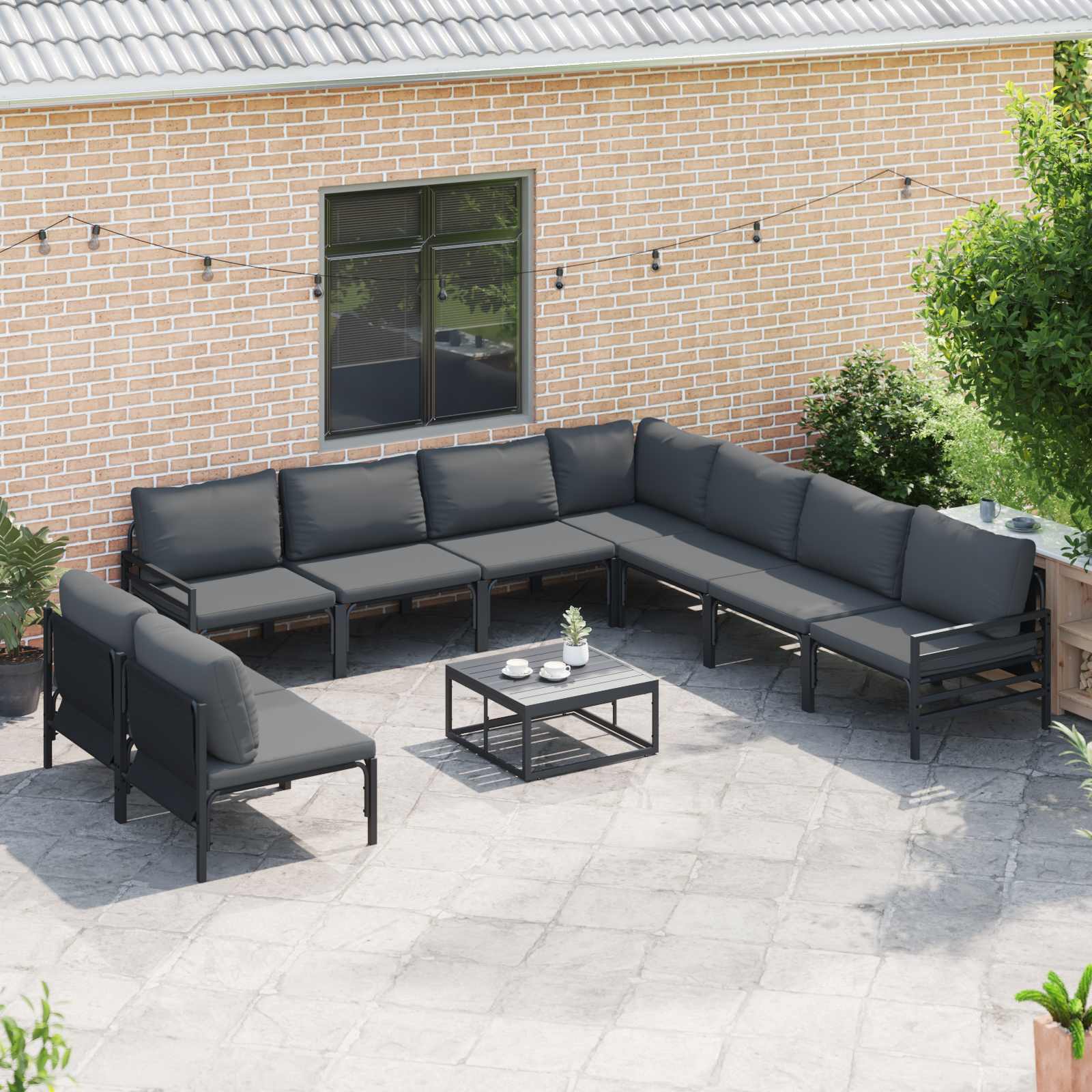 Conjunto de sofás de jardín con cojín 10 pcs Negro Acero