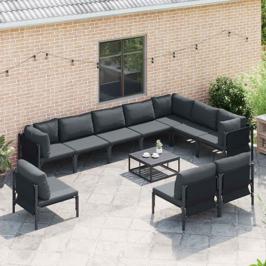 Conjunto de sofás de jardín con cojín 10 pcs Negro Acero