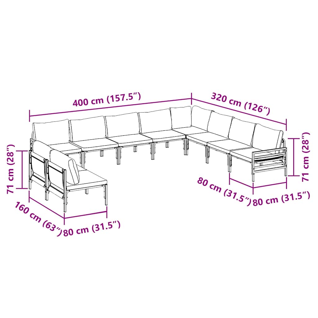 Conjunto de sofás de jardín con cojín 10 pcs Negro Acero