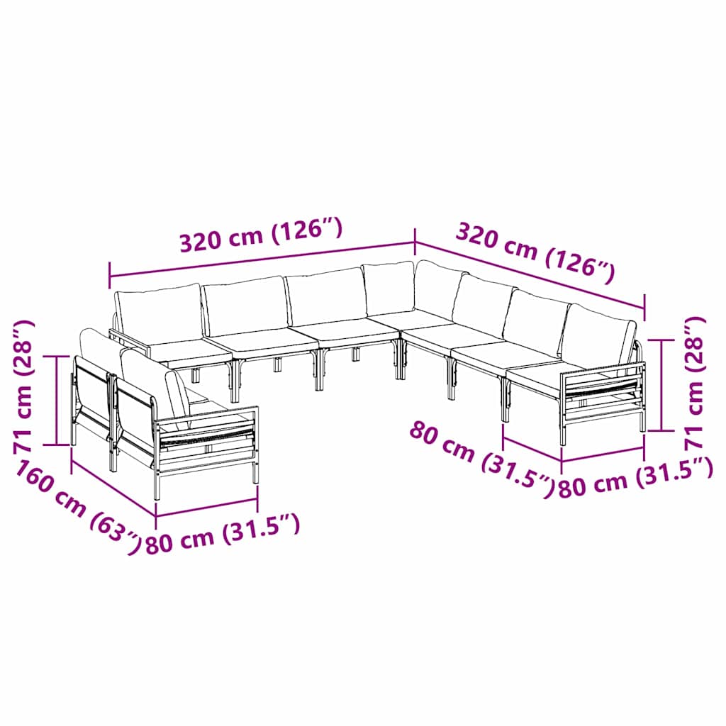 Conjunto de sofás de jardín con cojín 9 pcs Negro Acero