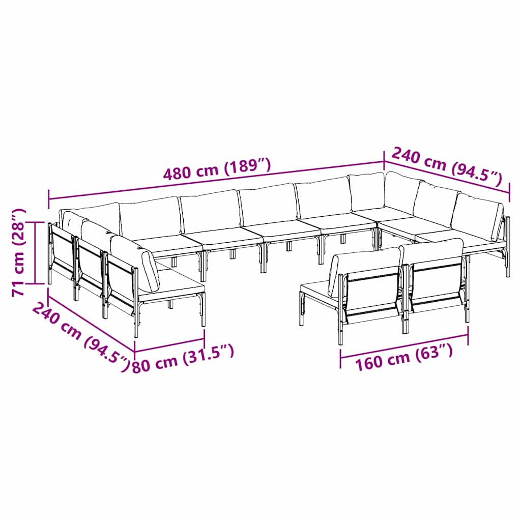 Conjunto de sofás de jardín con cojín 12 pcs Negro Acero