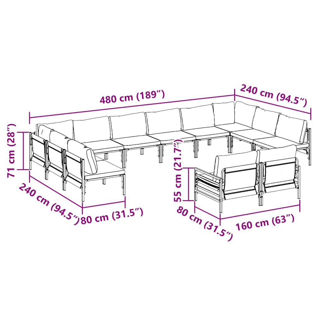 Conjunto de sofás de jardín con cojín 12 pcs Negro Acero