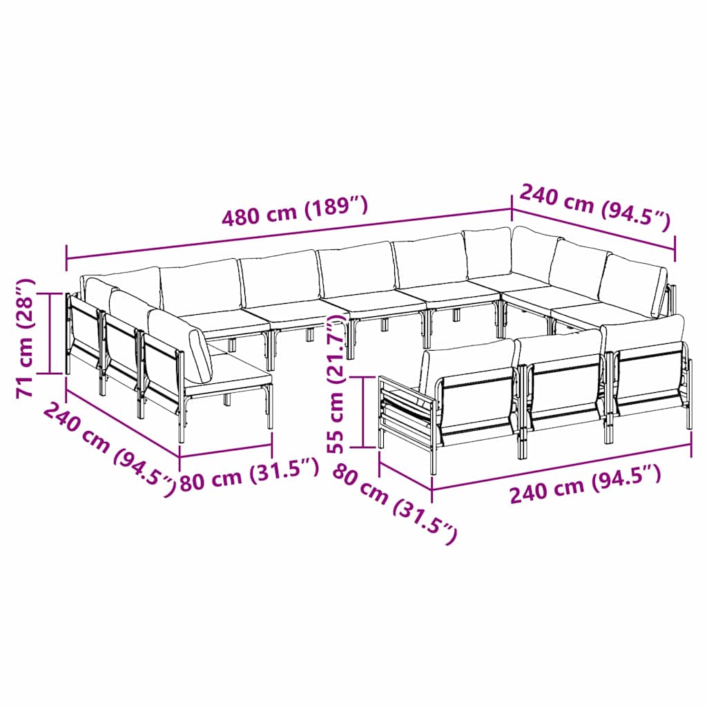 Conjunto de sofás de jardín con cojín 13 pcs Negro Acero