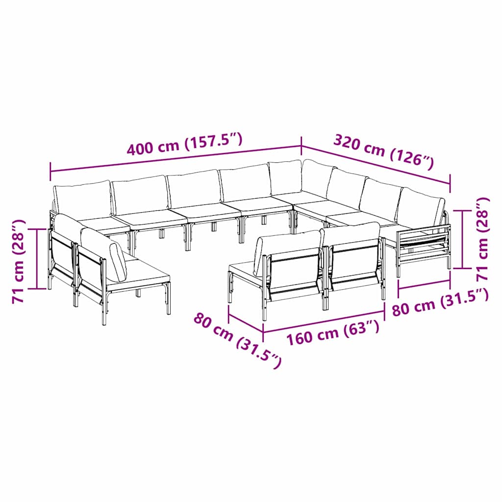 Conjunto de sofás de jardín con cojín 12 pcs Negro Acero