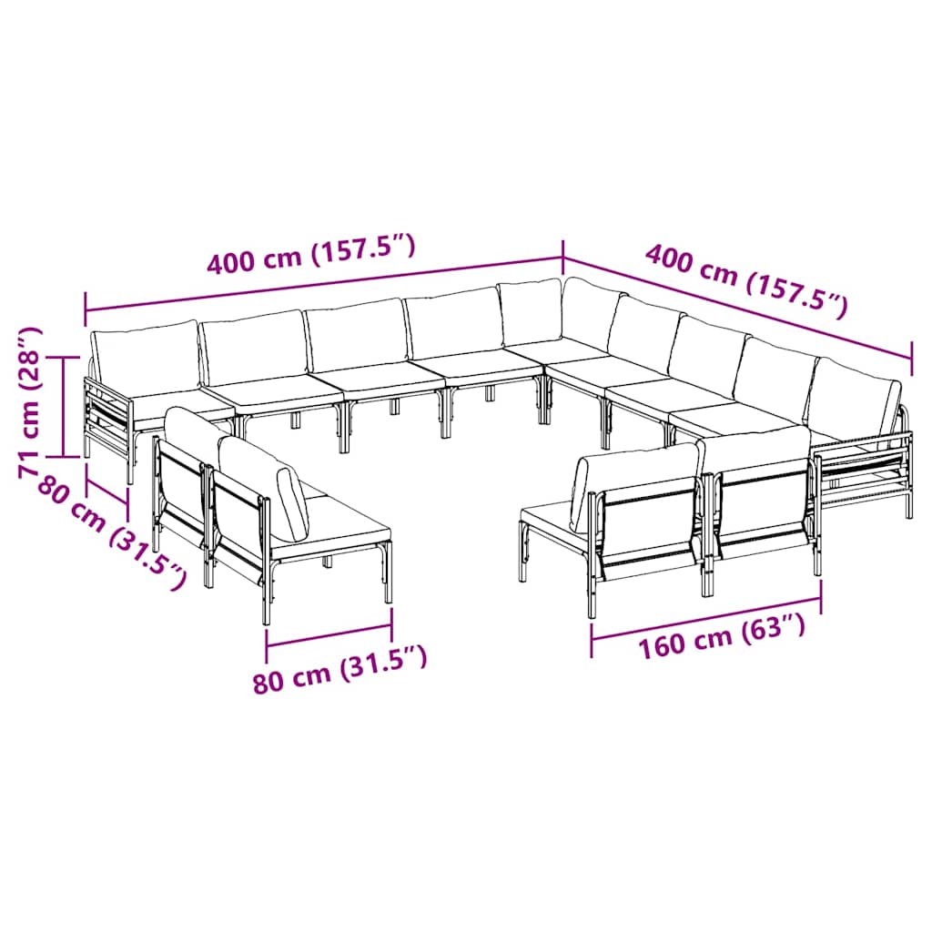 Conjunto de sofás de jardín con cojín 13 pcs Negro Acero