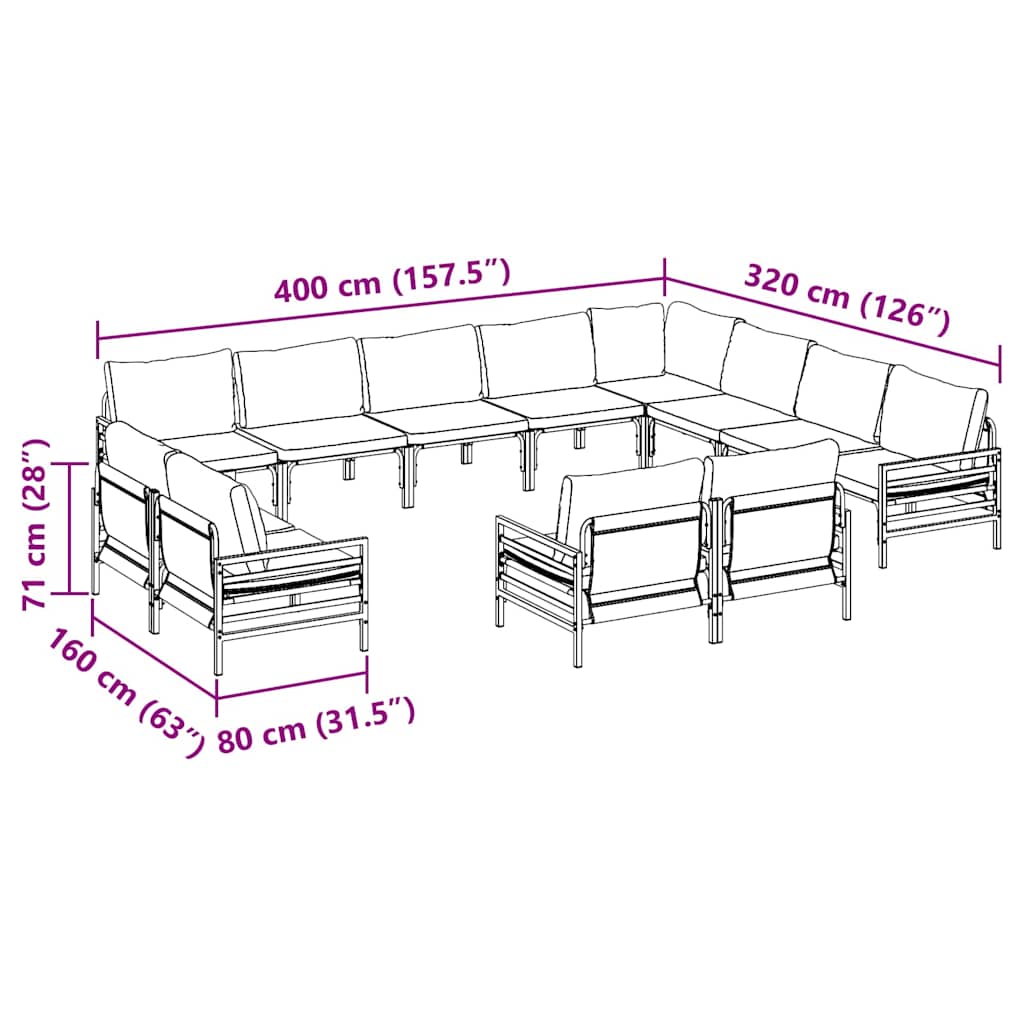 Conjunto de sofás de jardín con cojín 12 pcs Negro Acero