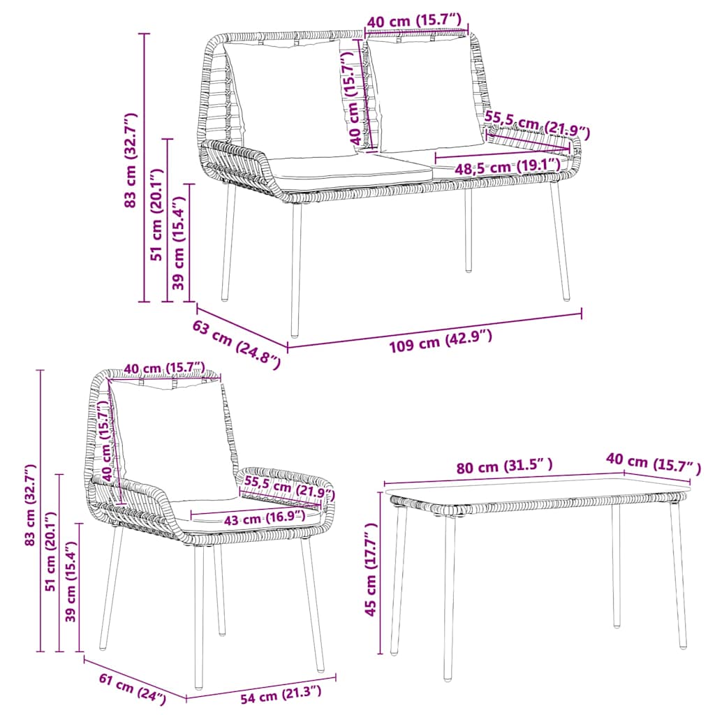 Conjunto de Muebles de Jardín con cojín 4 pcs Negro y crema