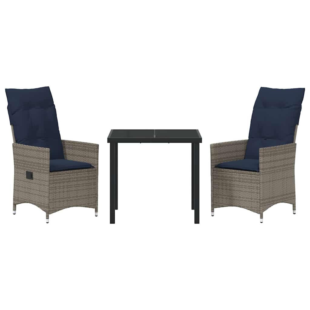 Juego de mesa y sillas con cojín 3 pcs Gris Ratán sintético