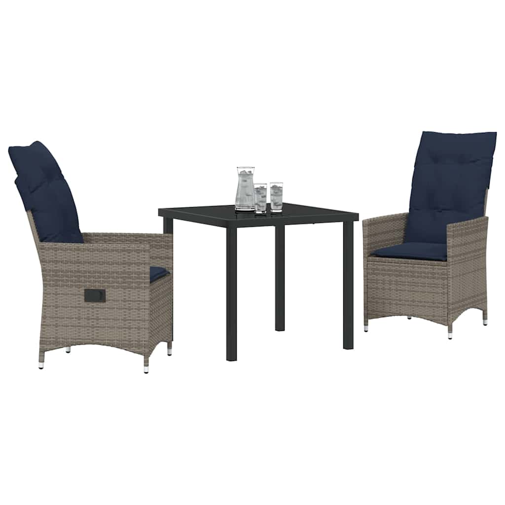 Juego de mesa y sillas con cojín 3 pcs Gris Ratán sintético