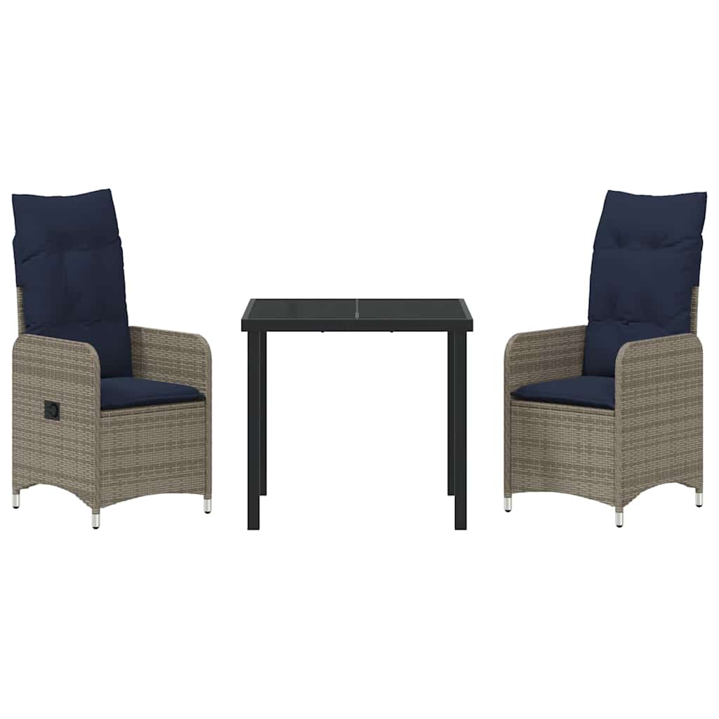 Juego de mesa y sillas con cojín 3 pcs Gris Ratán sintético