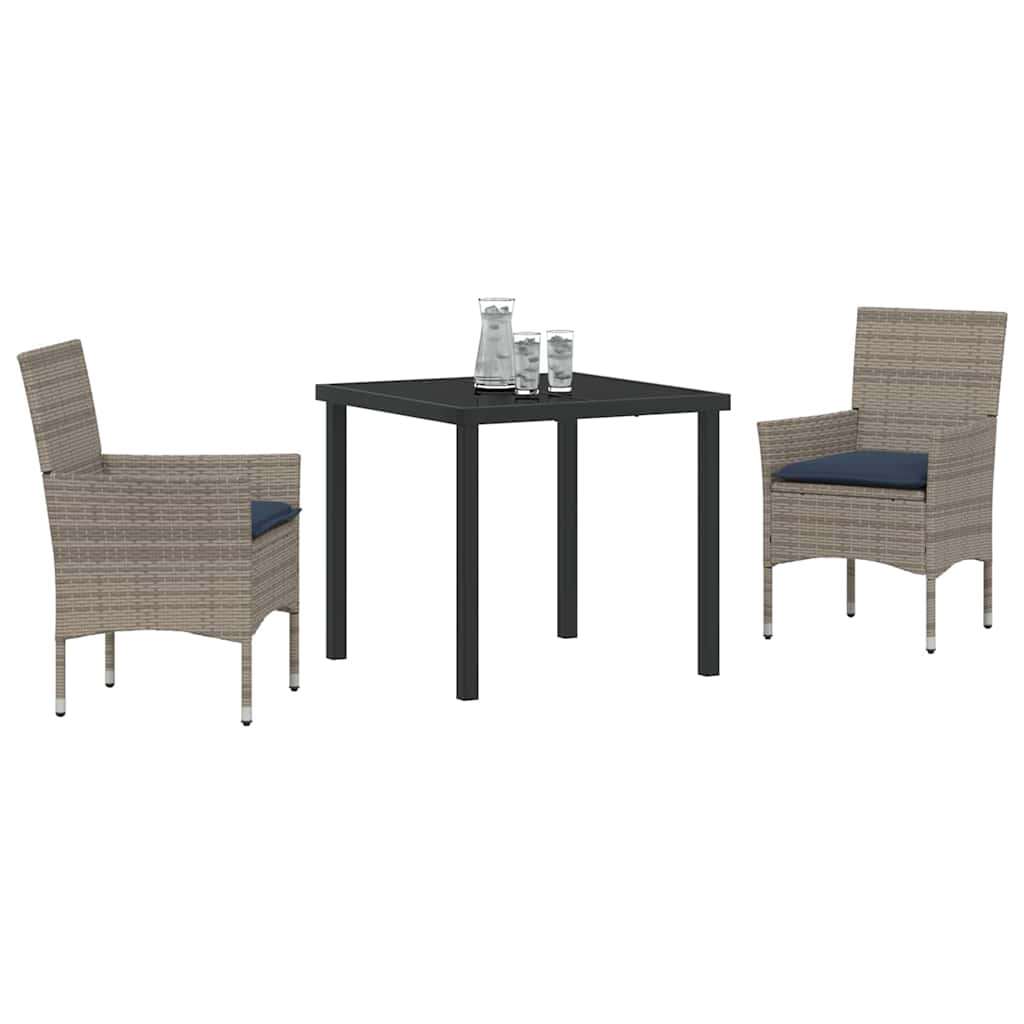Juego de mesa y sillas con cojín 3 pcs Gris Ratán sintético