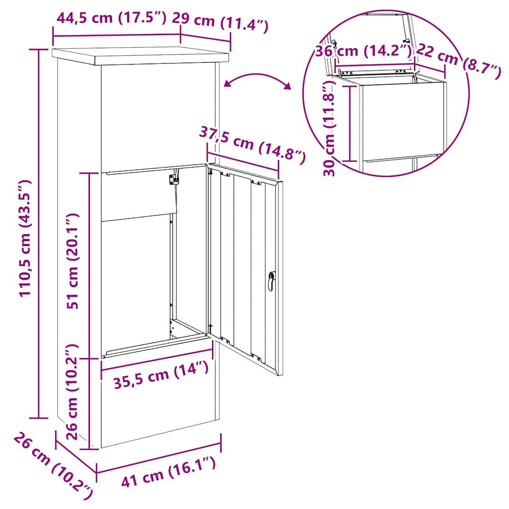 Caixa de entrega de encomendas 44,5 x 29 x 110,5 cm Aço