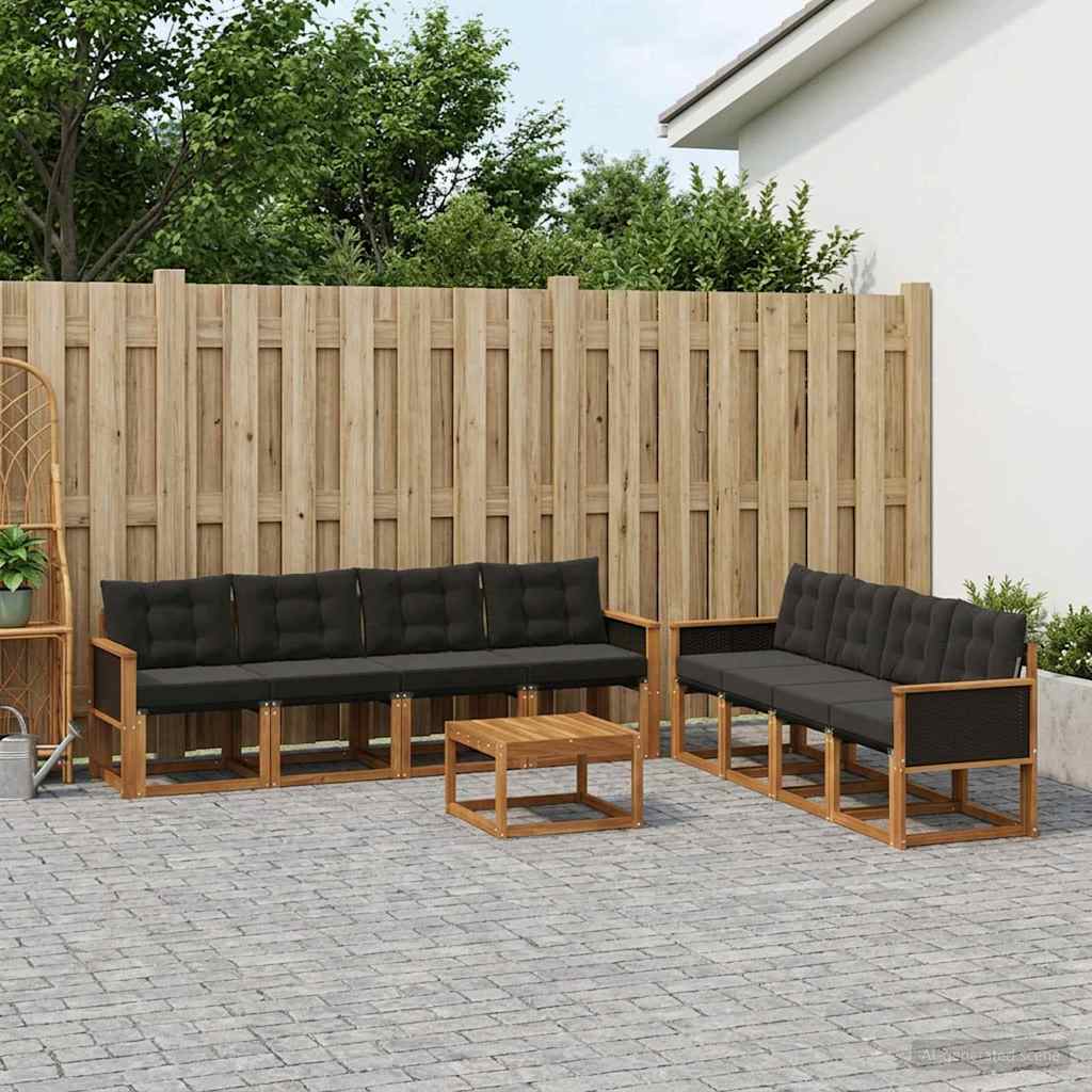 Conjunto de sofás de exterior con cojín 9 pcs Natural y negro