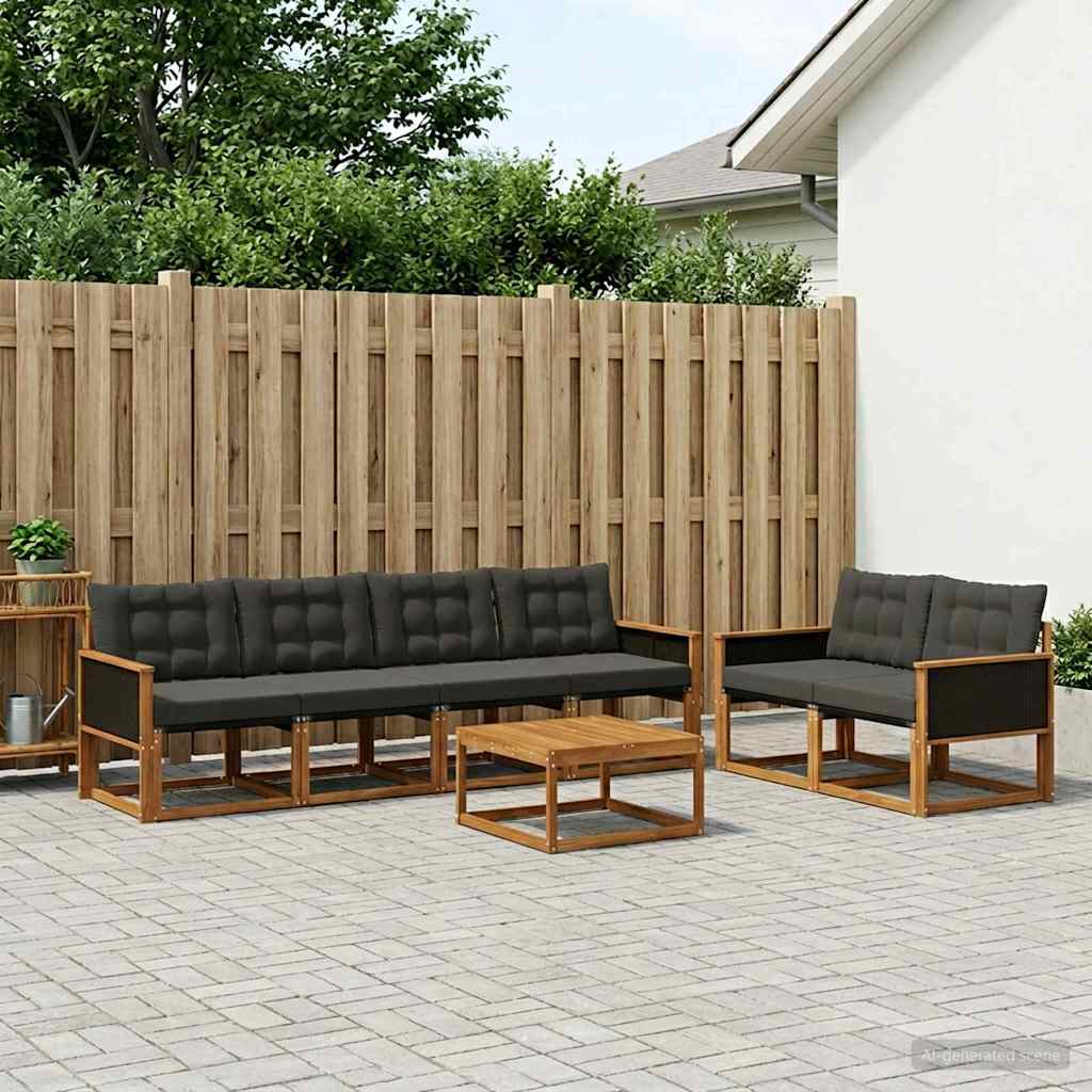 Conjunto de sofás de exterior con cojín 7 pcs Natural y negro