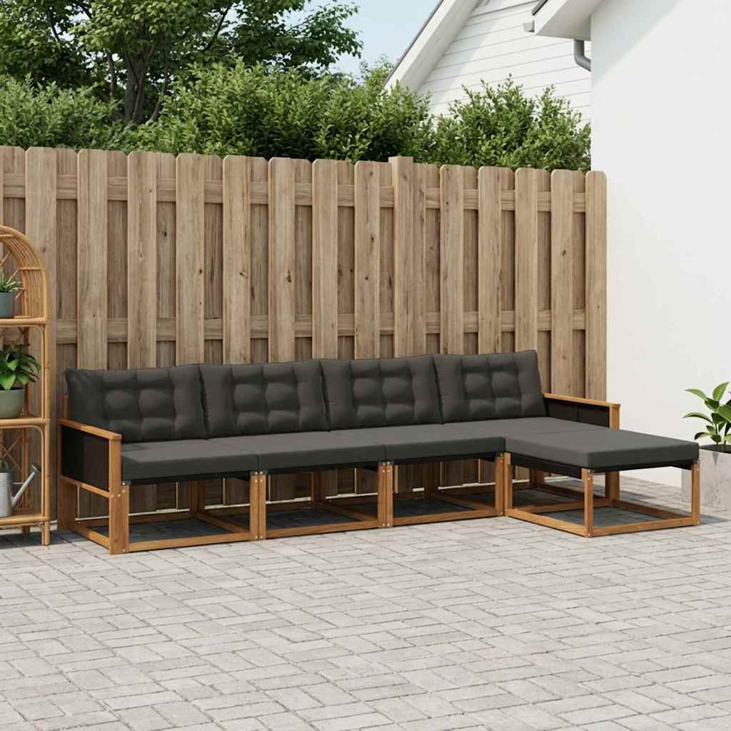 Conjunto de sofás de exterior con cojín 5 pcs Natural y negro