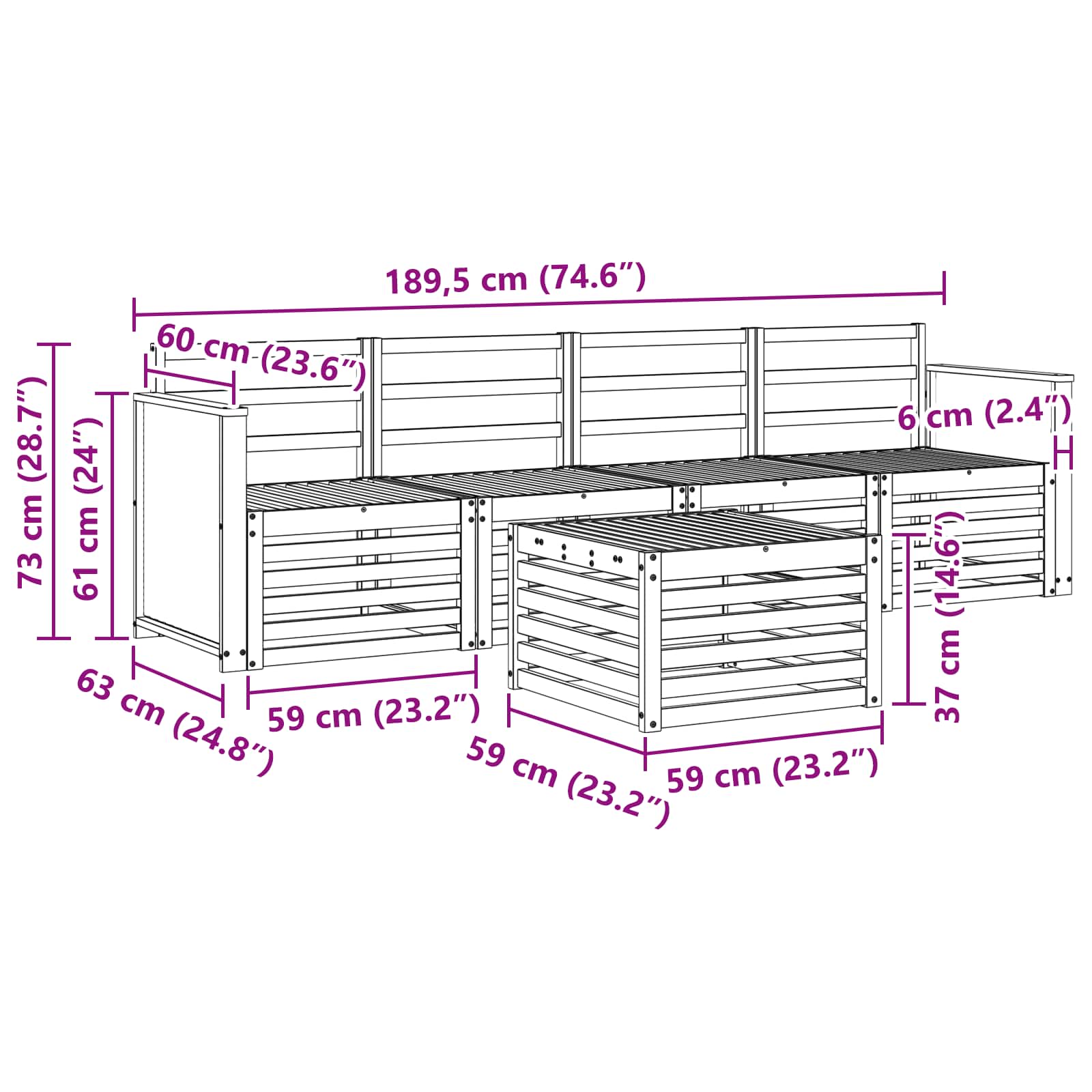 Conjunto de sofás de exterior 5 pcs Natural