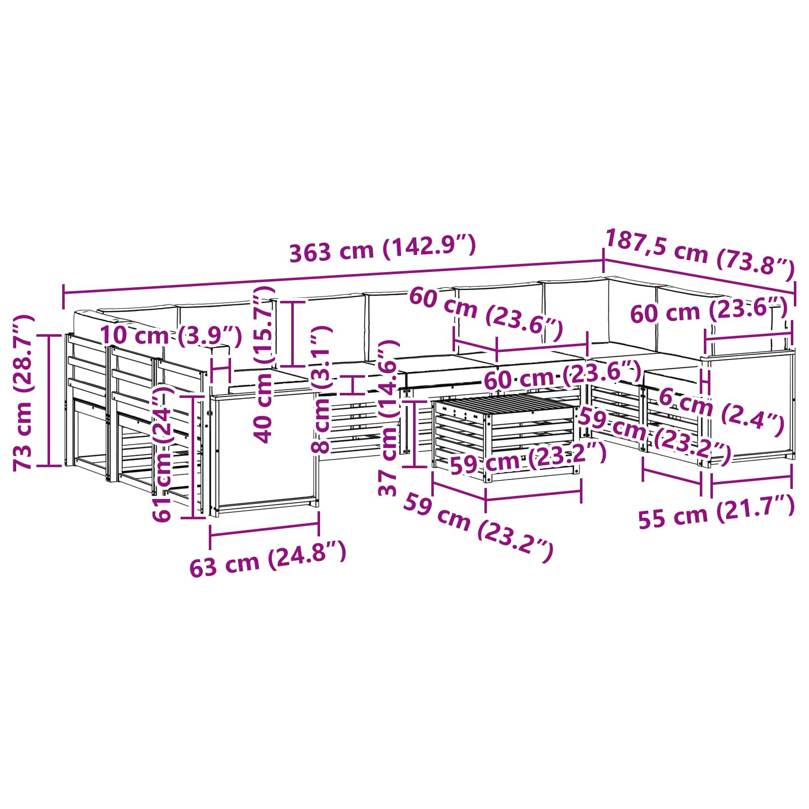 Conjunto de sofás de exterior 8 pcs
