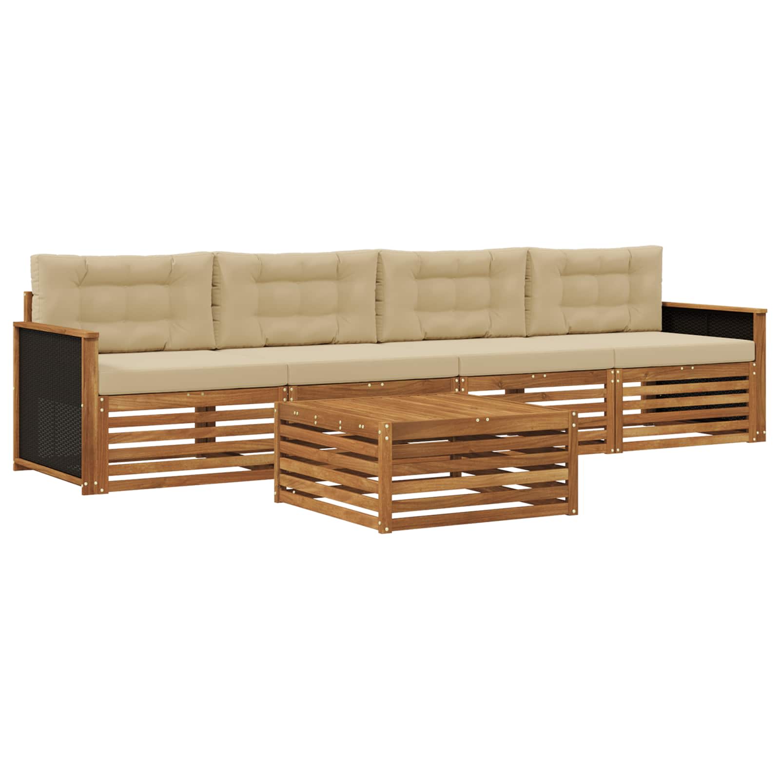 Conjunto de sofás de exterior con cojín 5 pcs Natural y Beige