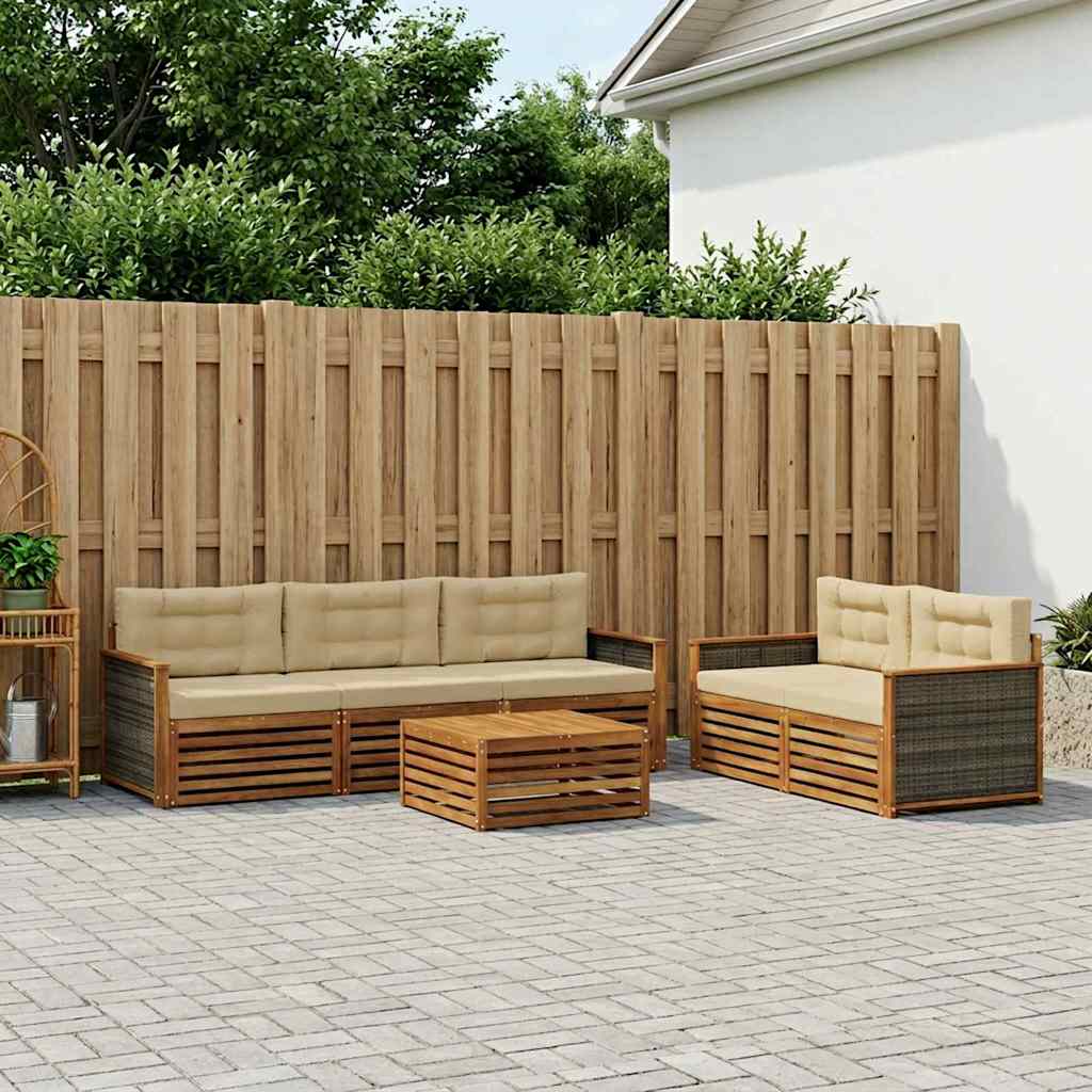 Conjunto de sofás de exterior con cojín 6 pcs Natural y Beige