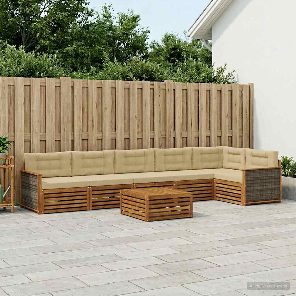 Conjunto de sofás de exterior con cojín 7 pcs Natural y Beige