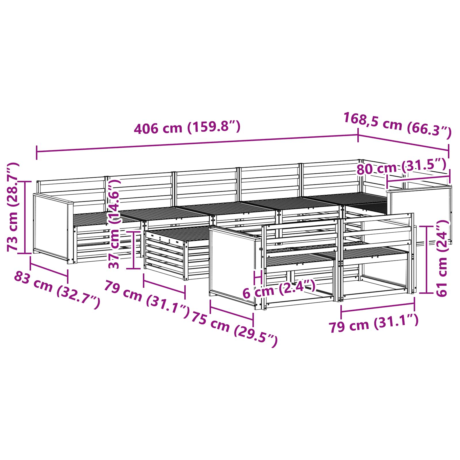 Conjunto de sofás de exterior 9 pcs