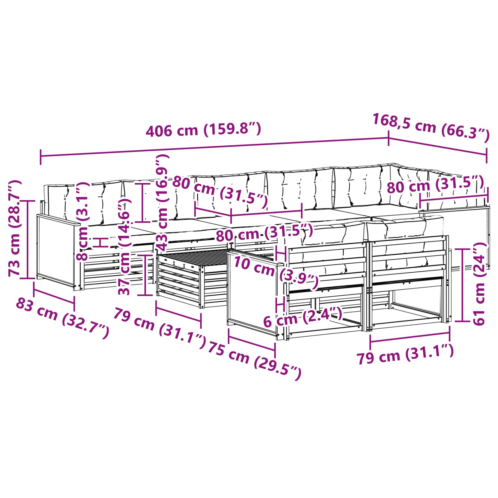 Conjunto de sofás de exterior con cojín 9 pcs