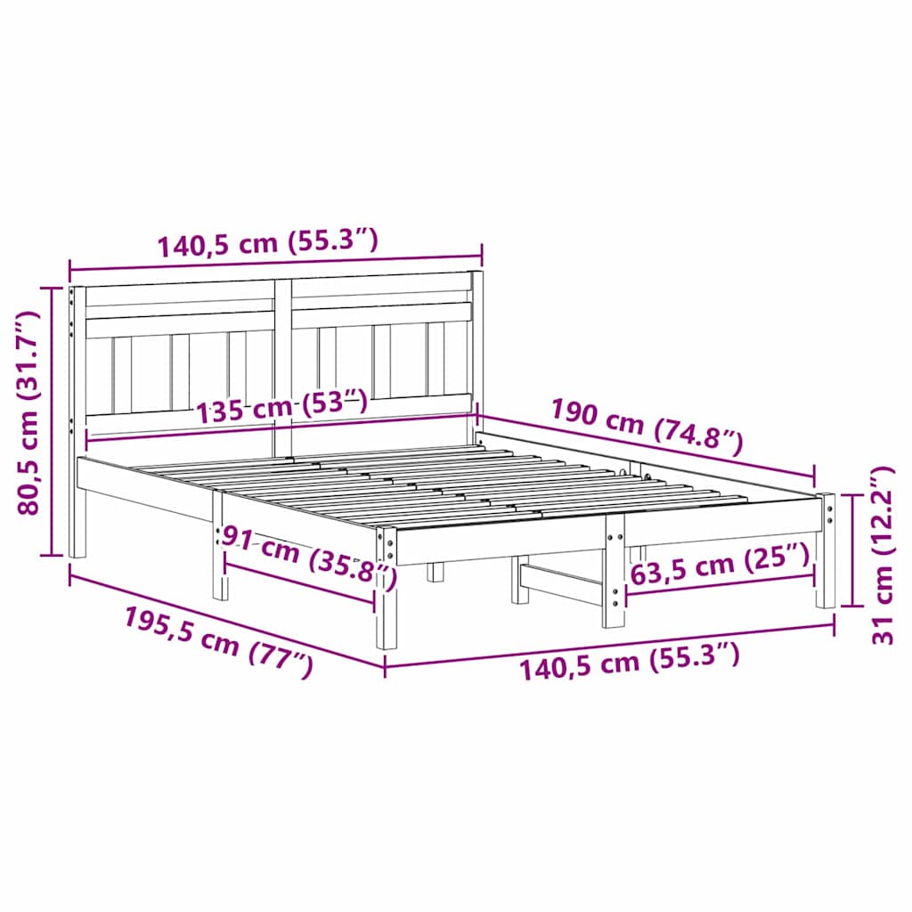Estructura de cama 135 x 190 cm Madera de pino macizo
