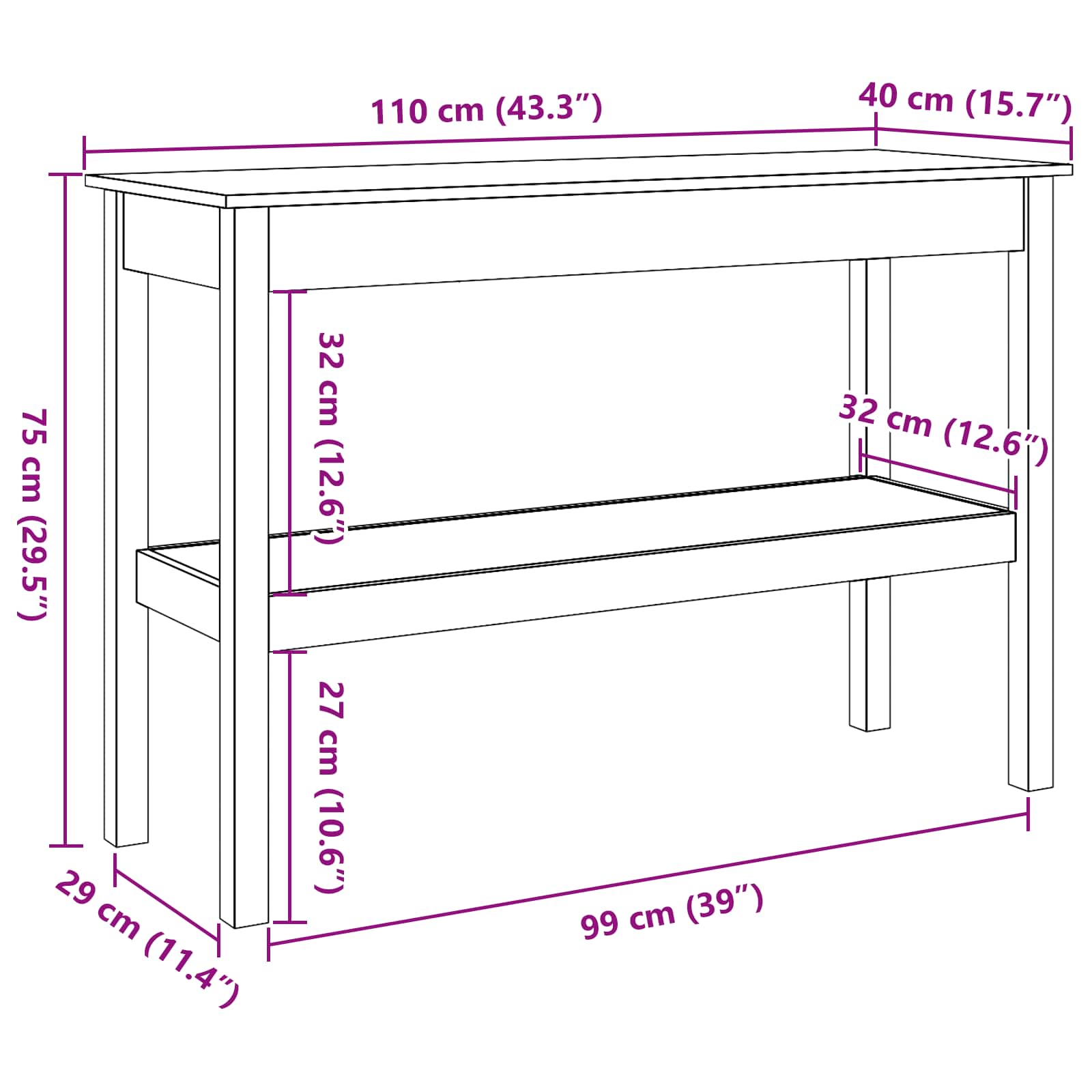 Mesa Consola Marrón cera 110 x 40 x 75 cm Pino macizo