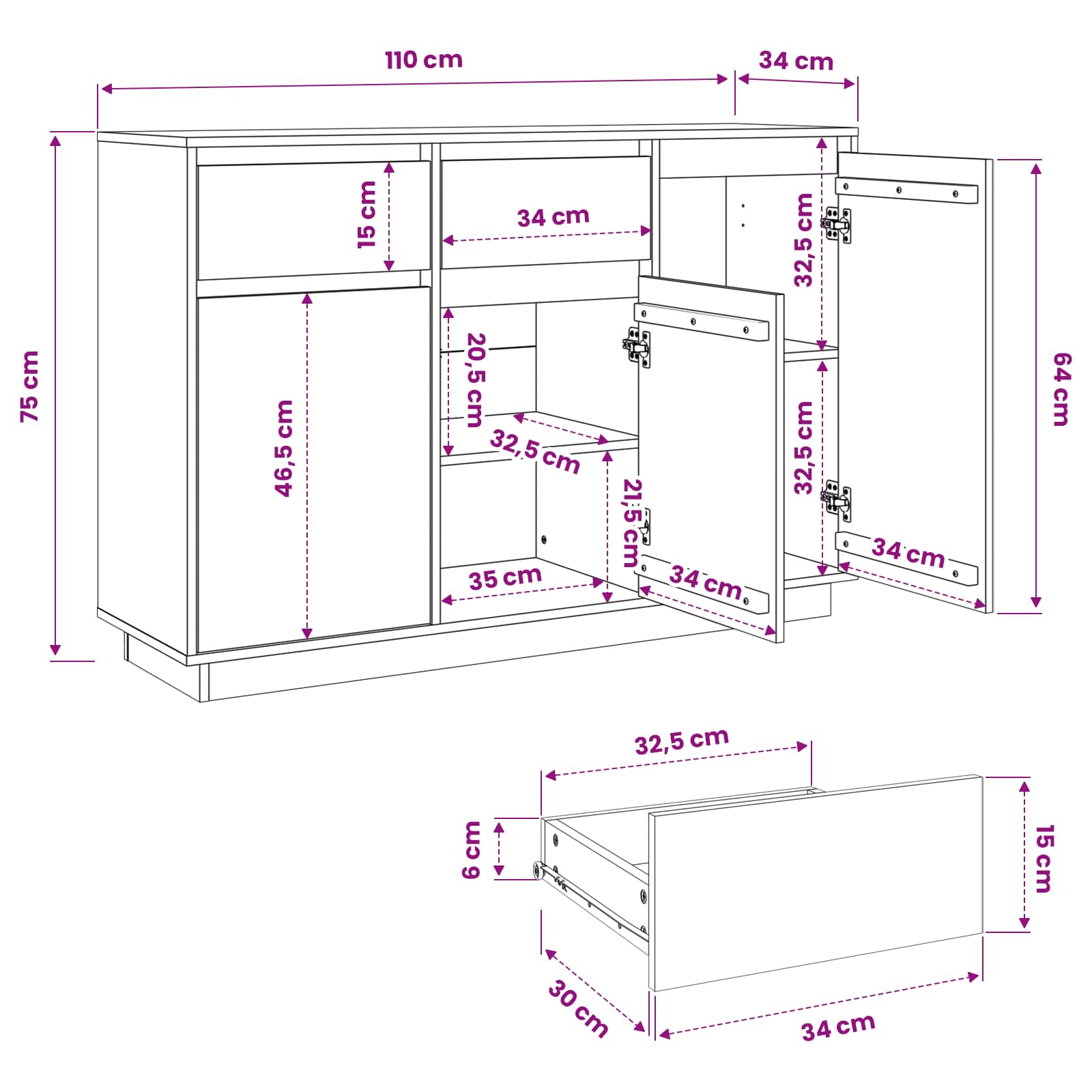 Aparador Marrón cera 110 x 34 x 75 cm Madera de pino macizo