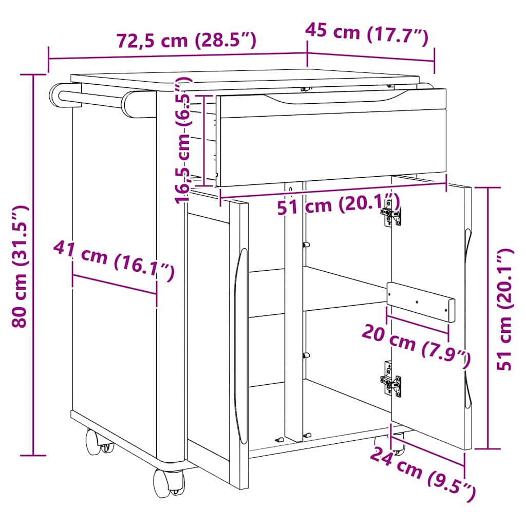 Carro de Cocina FLORO 72,5 x 45 x 80 cm Madera de Pino Macizo