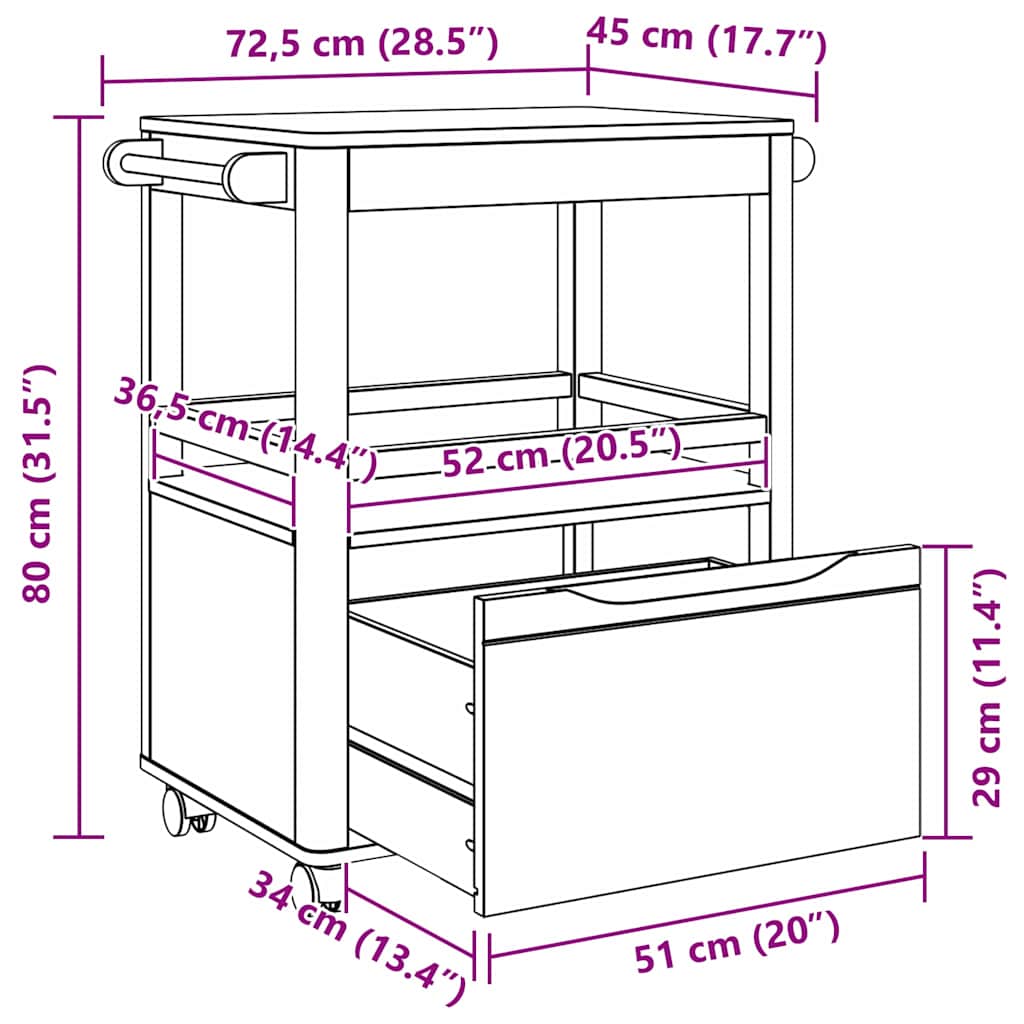 Carro de Cocina FLORO 72,5 x 45 x 80 cm Madera de Pino Macizo