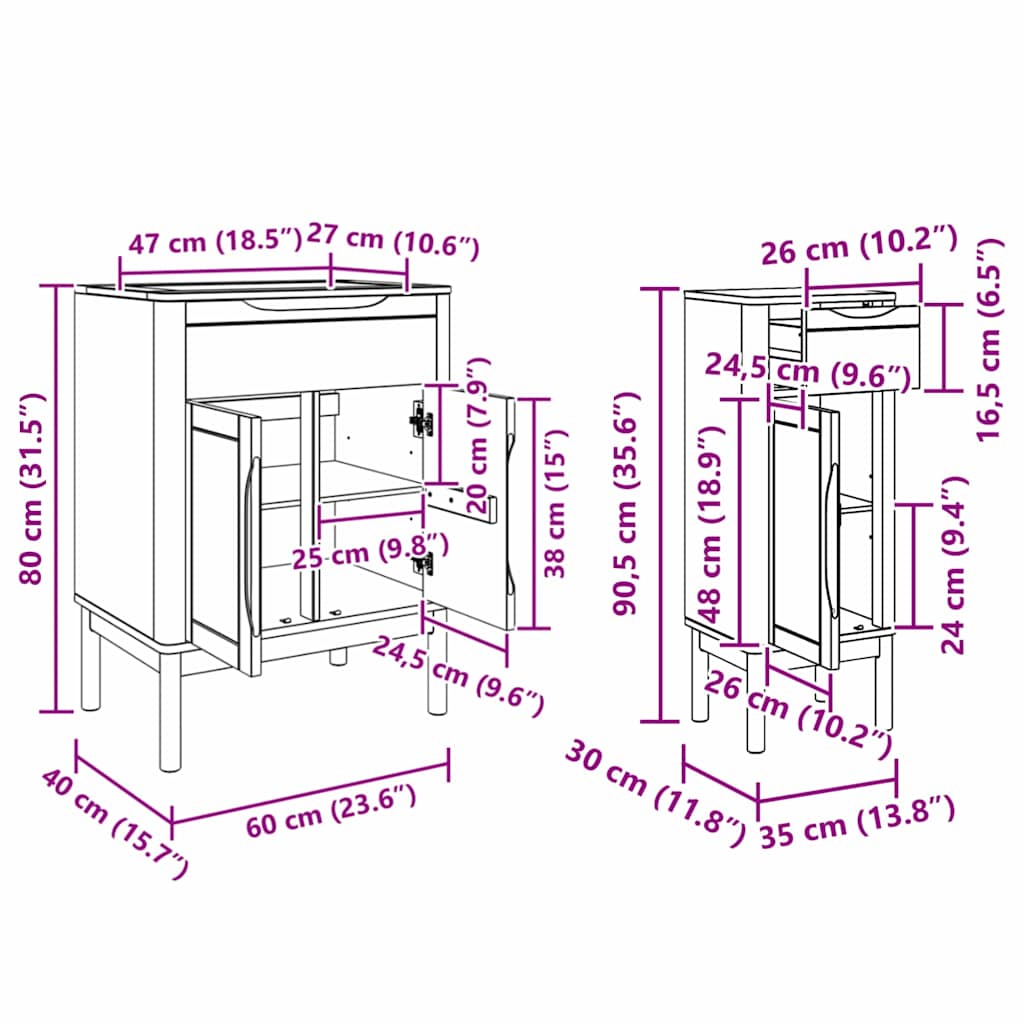 Juego de muebles de baño FLORO 2 pcs Madera de Pino Macizo