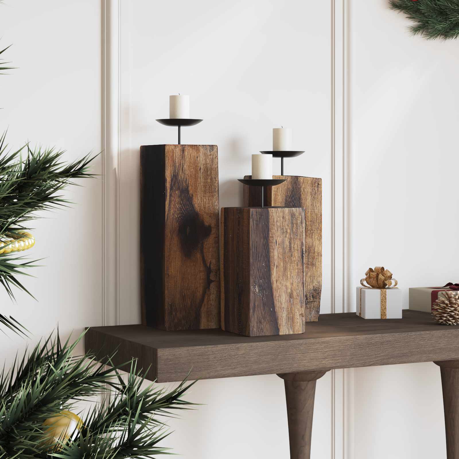 Porta velas 3 pcs Natural Madera maciza recuperada