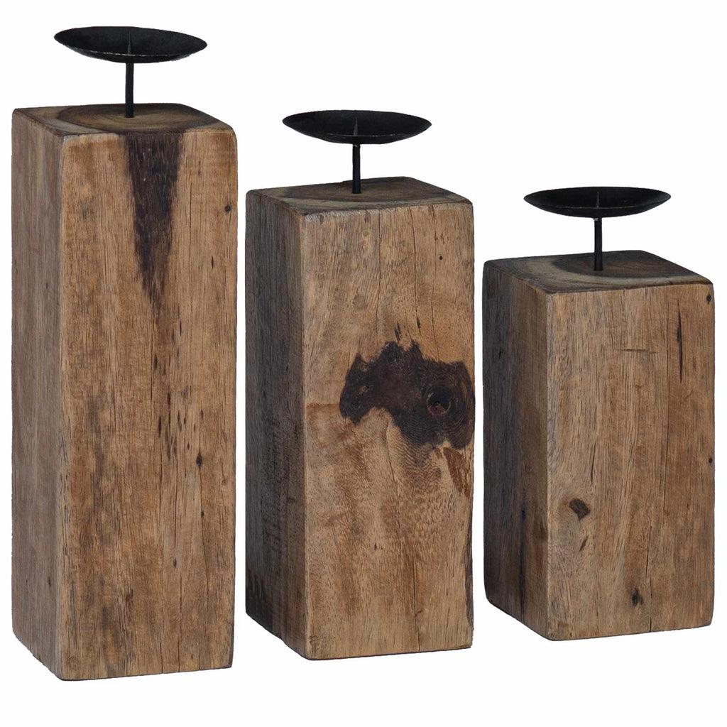 Porta velas 3 pcs Natural Madera maciza recuperada