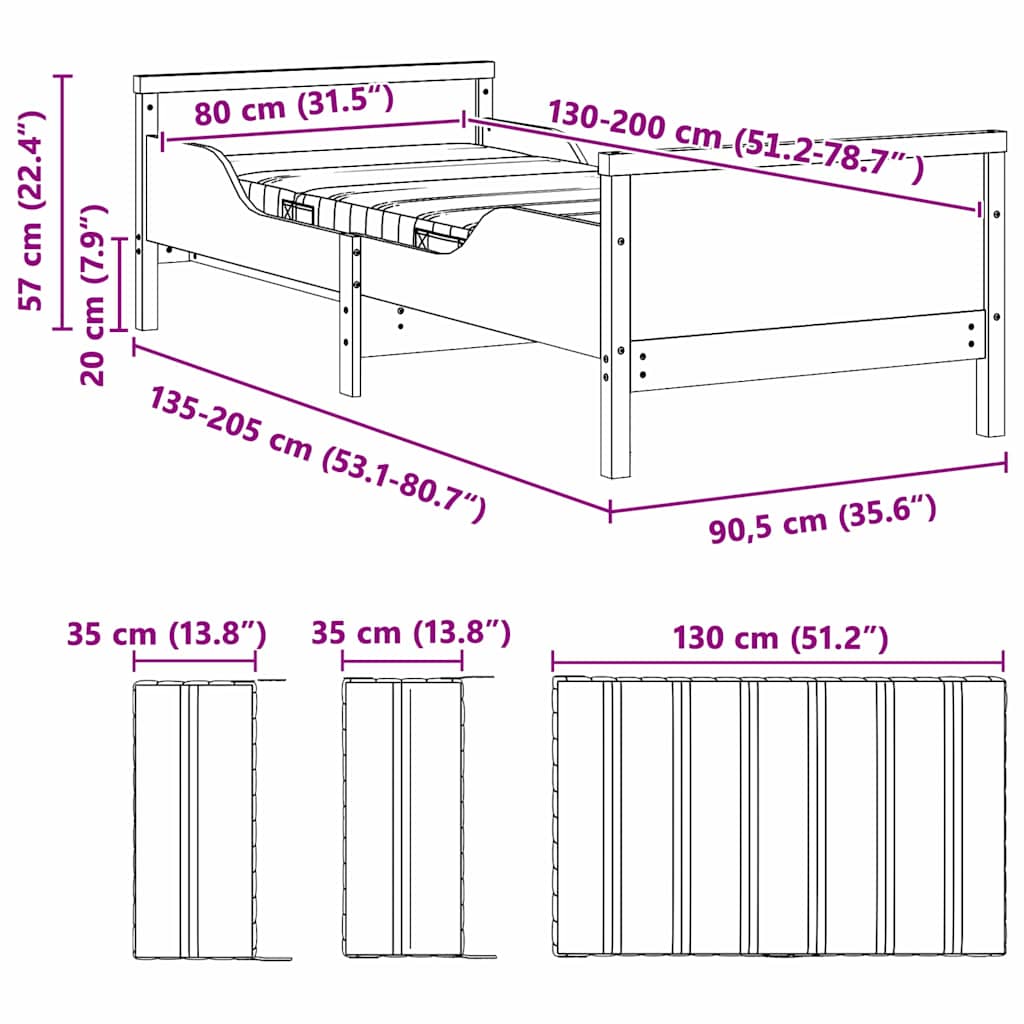 Marco de cama con colchón extensible con cabecera 80 x 200 cm