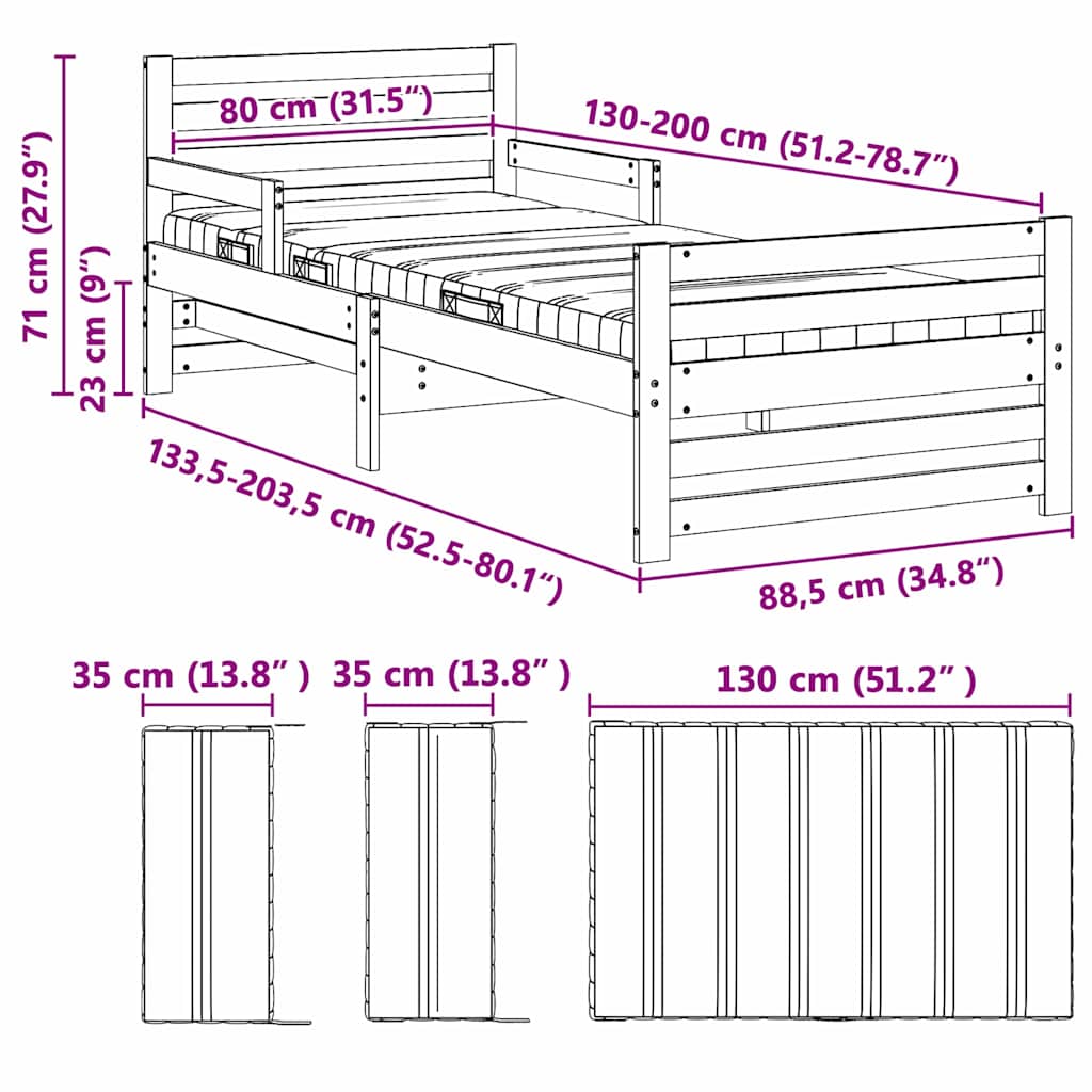 Marco de cama con colchón extensible con cabecera 80 x 200 cm