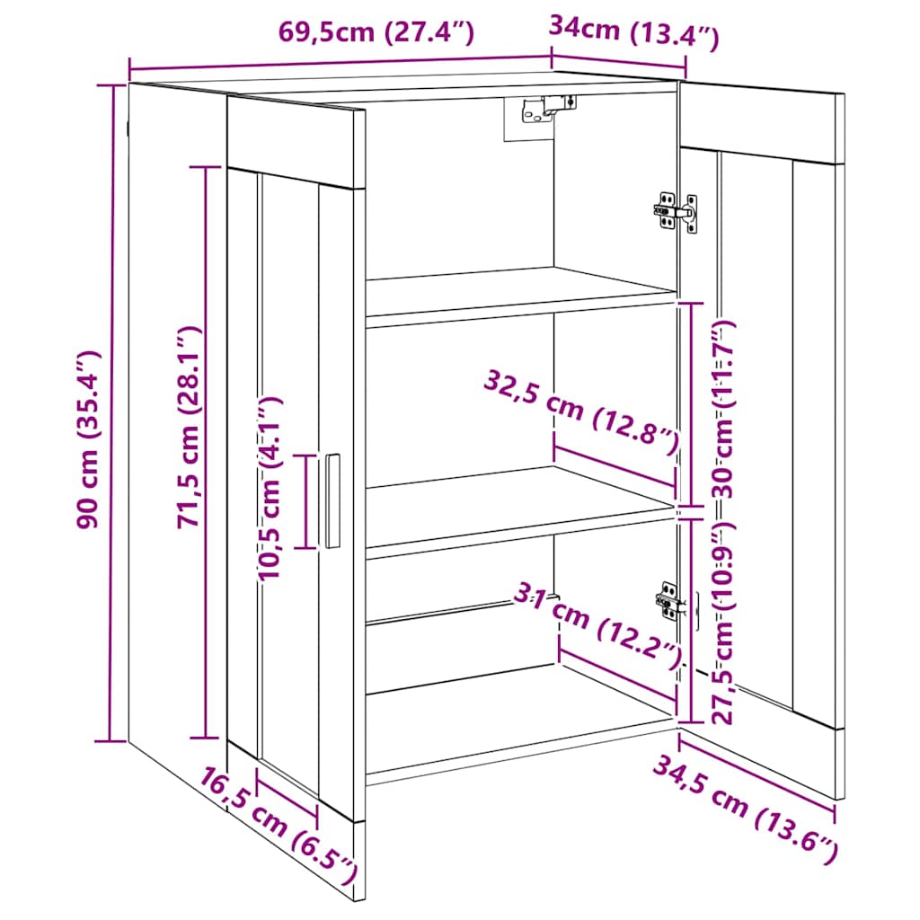 Armario de pared Negro 69,5 x 34 x 90 cm Madera contrachapada