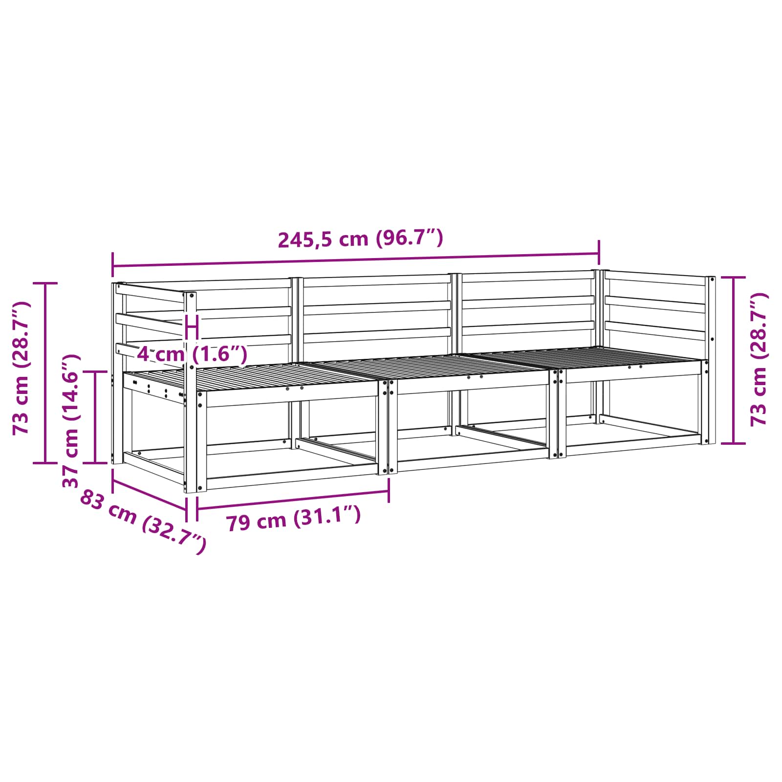 Conjunto de sofás de exterior 3 pcs Blanco 245,5 x 83 x 73 cm