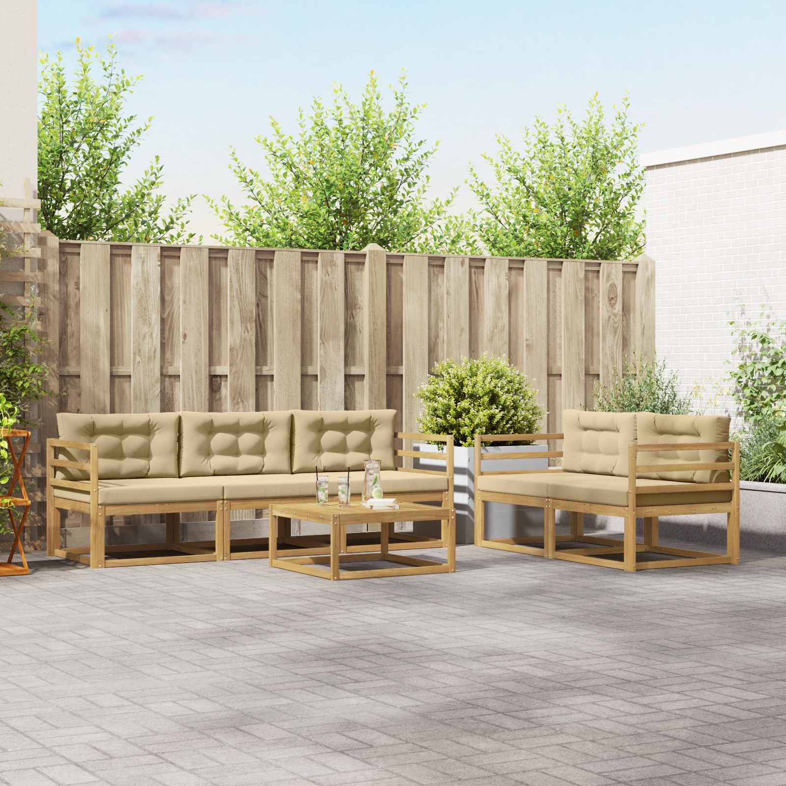 Conjunto de sofás de exterior con cojín 6 pcs Blanco y Crema