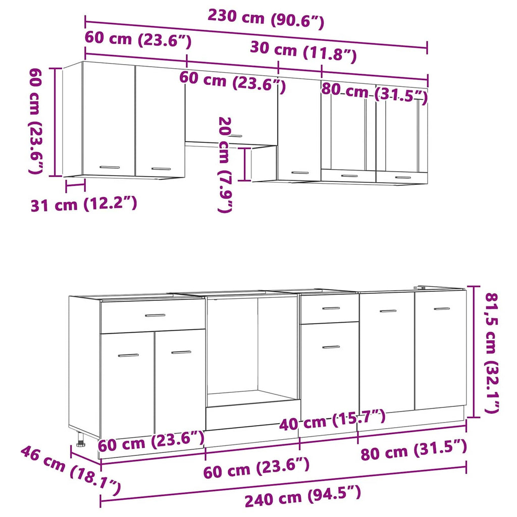 Juegos de muebles de cocina con cajón Lyon 8 pcs Roble ahumado