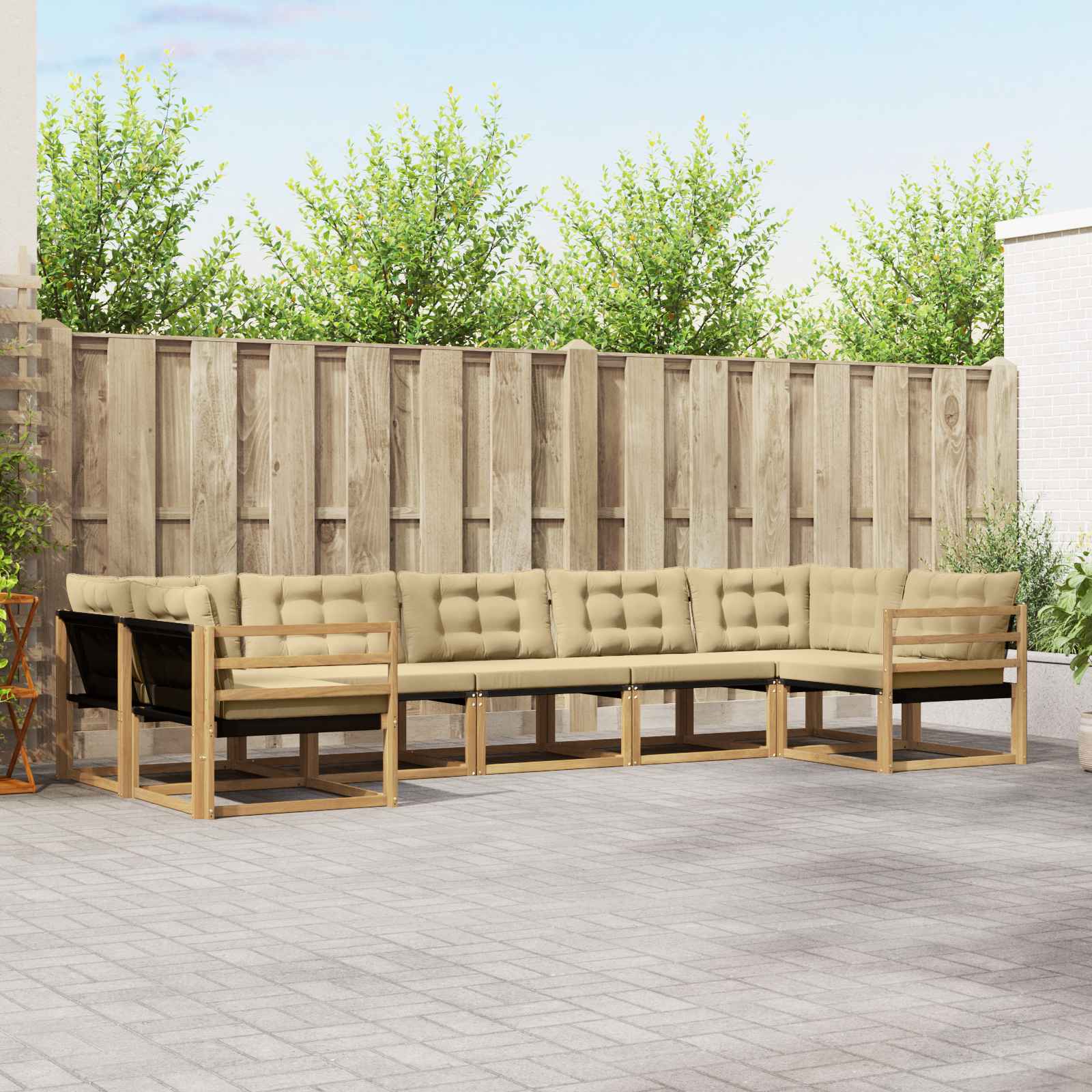 Conjunto de sofás de exterior con cojín 7 pcs Natural y negro